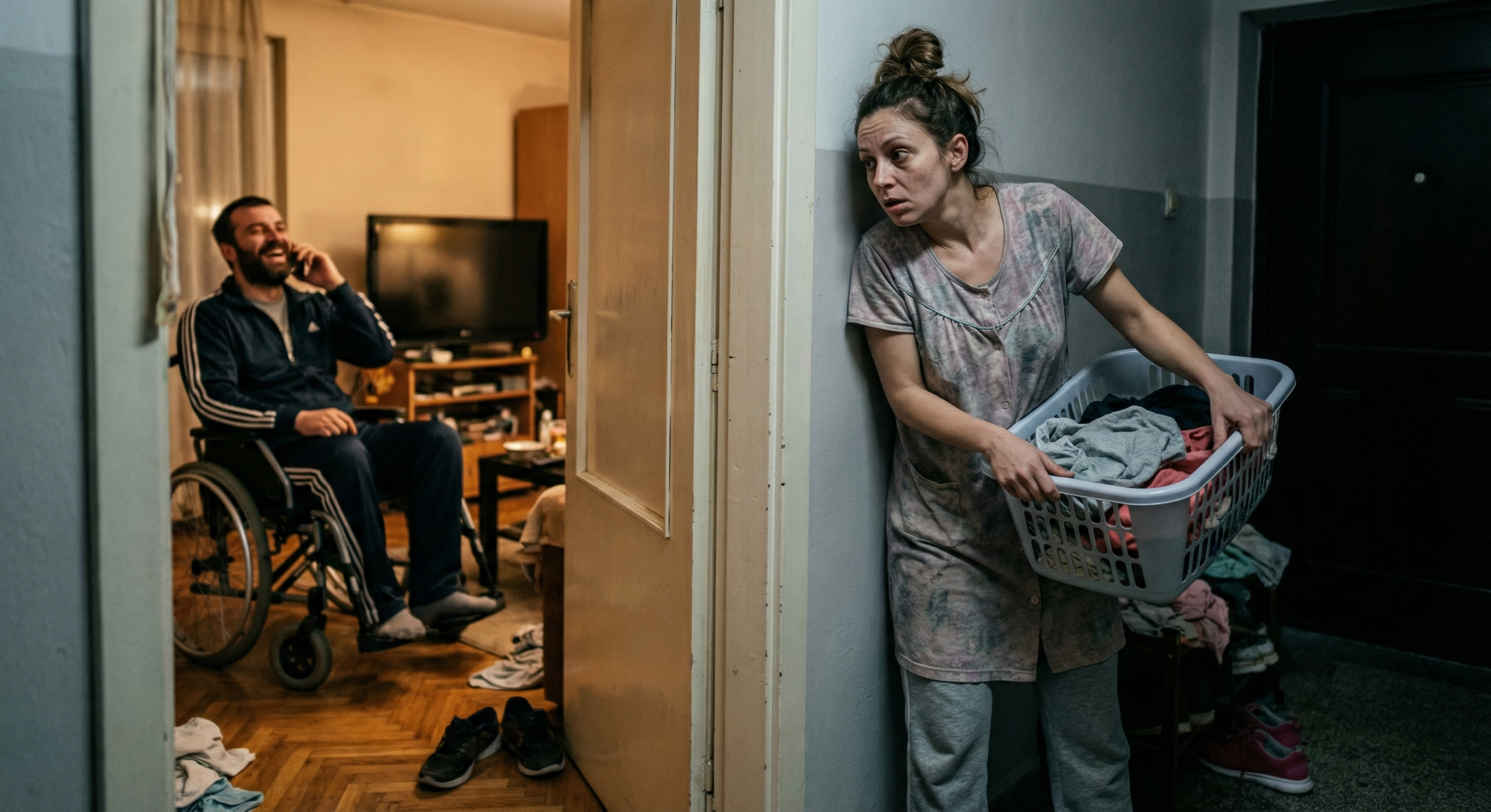 Чух смеха му още преди да чуя думите – седеше в инвалидната количка, а аз стоях зад вратата с леген за пране в ръцете, докато той обясняваше по телефона, че съм му „безплатна слугиня и идеална идиотка, която дори не знае, че не съм чак толкова инвалид“. 1 b4aee595 c21f 4a53 bb15 268583eaeaf1 scaled